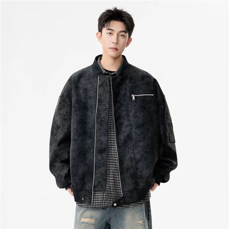 J528-P77 复古水洗做旧PU皮夹克男款秋冬cleanfit高级感图片
