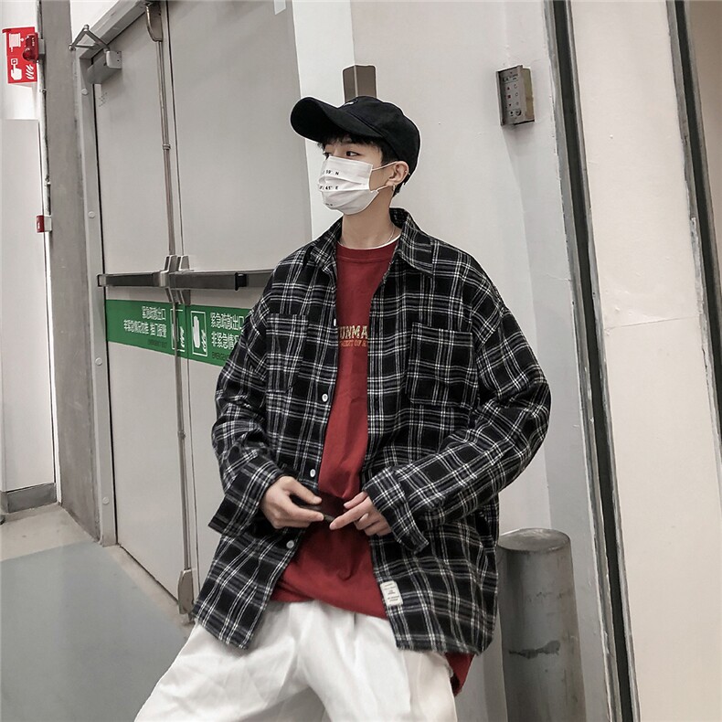 2025秋冬潮牌长袖格子衬衫学生衬衣小清新男CS2070/特P28黑色2,男装衬衫,电商A094