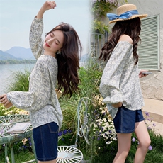 水衣源3730款长袖大圆领可一字肩洋气防晒碎花宽松小衫女，女装防晒衣，水衣源