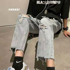 复古破洞牛仔裤男春秋季美式hiphop潮牌做旧乞丐裤街头痞帅九分裤，男装牛仔裤，星座1116-2