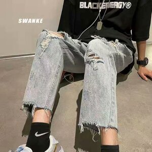 复古破洞牛仔裤男春秋季美式hiphop潮牌做旧乞丐裤街头痞帅九分裤图片