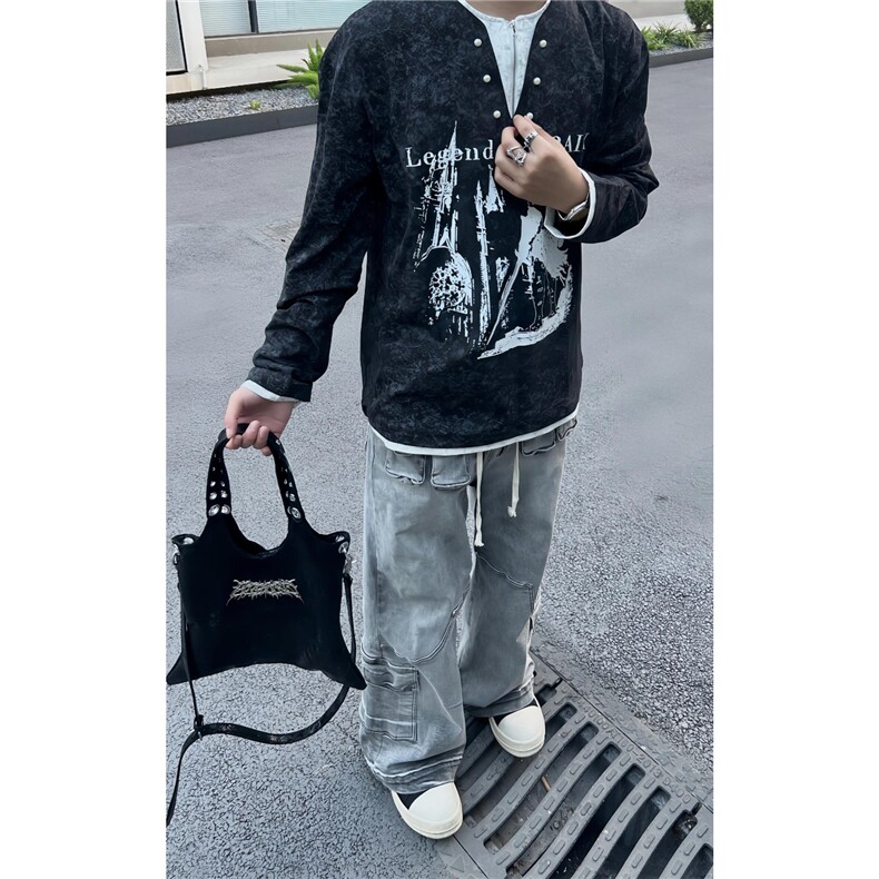假两件卫衣男女同款春秋新款骑士古堡印花宽松长袖T恤,男装T恤,星座506A