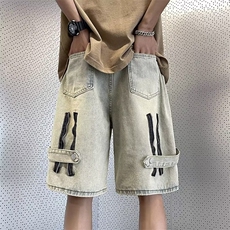 黄泥牛仔短裤男夏季美式高街薄款直筒裤子潮牌痞帅宽松休闲五分裤，男装牛仔裤，星座601-2