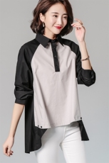 休闲时尚拼色衬衫潮流百搭舒适中长款翻领纽扣，女装衬衫，深水步