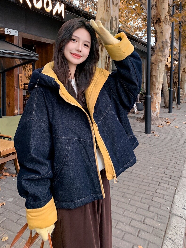 连帽短款牛仔外套复古加厚保暖上衣女冬,女装牛仔外套,2C283