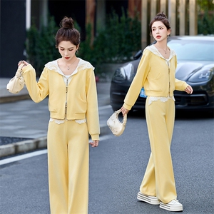 蕾丝连帽休闲运动套装女春秋2024新款小个子穿搭卫衣阔腿裤两件套，女装套装/套裙，梦依杭