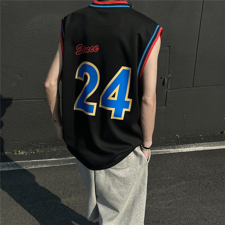 2025夏季新英文字母印花学院风运动少年无袖背心T恤B21/P35控48,男装休闲套装,电商A148