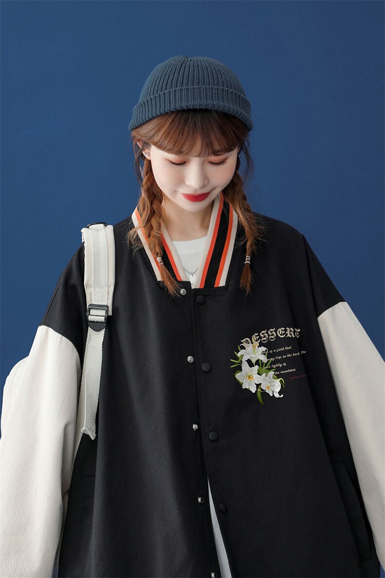 中性风2026秋季新款港风植物花字母图案印花棒球服G234p65控88,女装职业装,A247A