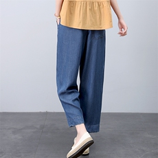 天丝牛仔裤女夏薄款2025新款中年妈妈松紧腰九分裤宽松休闲哈伦裤，女装牛仔裤，悦见她