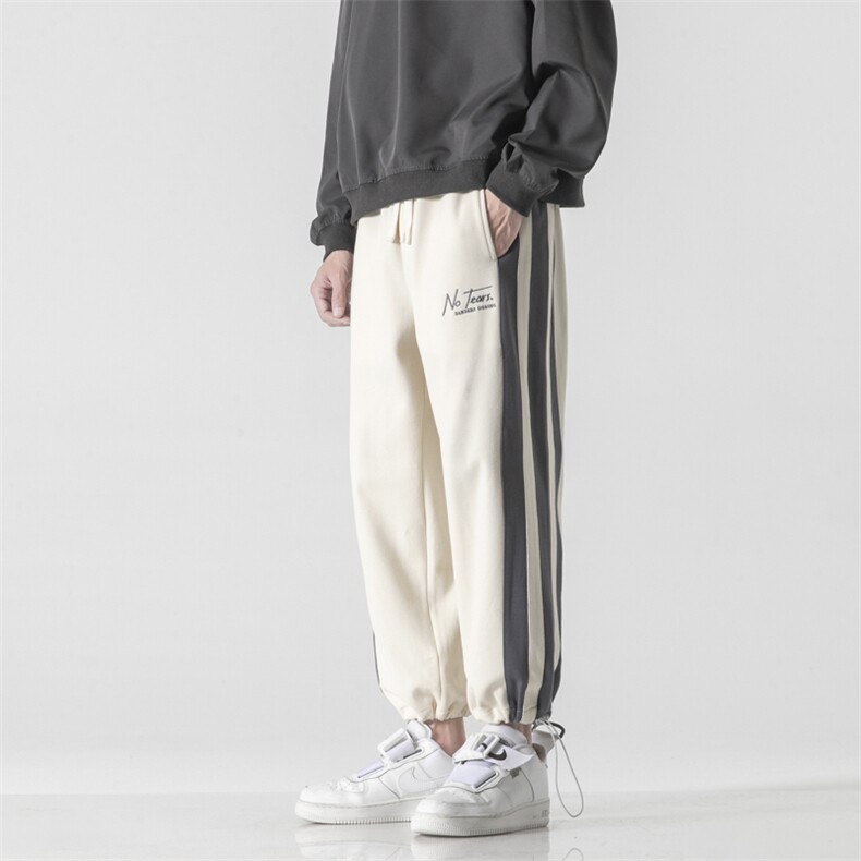 2024春新款日系撞色条纹阔腿裤抽绳束脚运动裤KZ11-P50控79,男装休闲裤,星座914-3