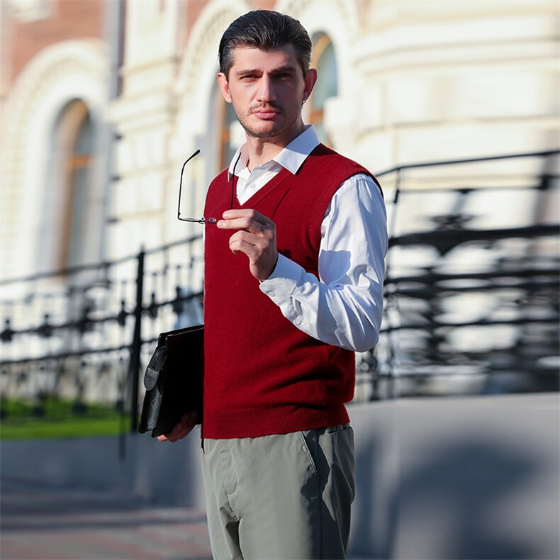 羊绒衫开衫背心男V领针织马甲休闲男装，男装背心/马甲，美创羊绒