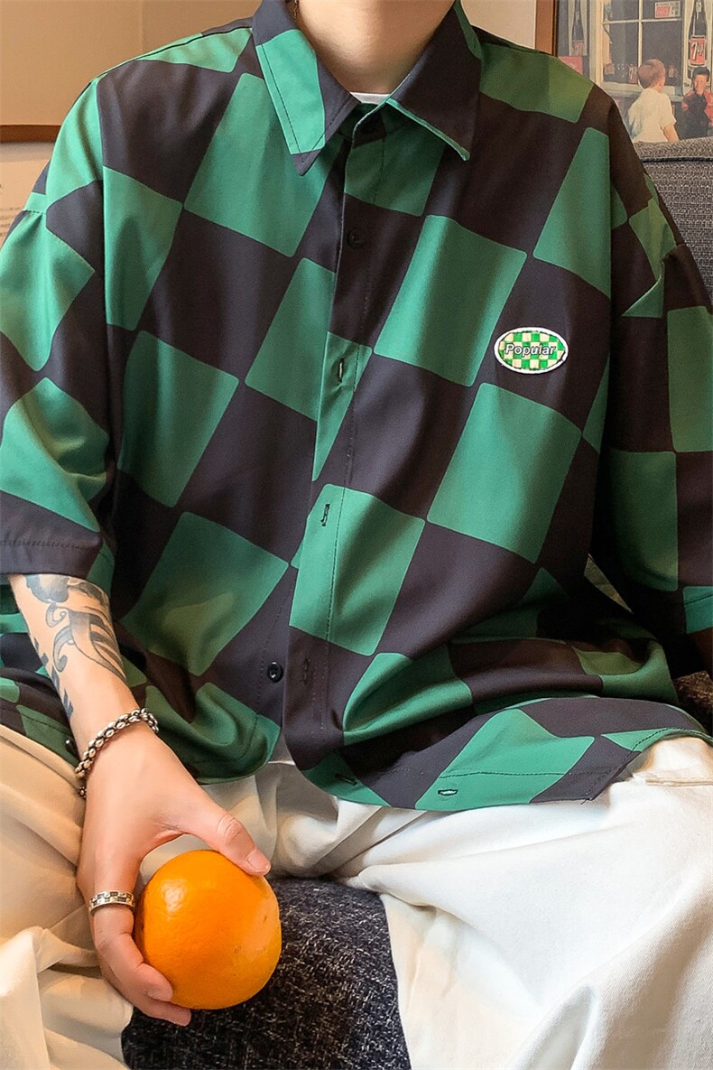 C6071/P35夏季新款格子冰丝短袖衬衫男女潮休闲衬衣宽松大码上衣,男装衬衫,电商A141