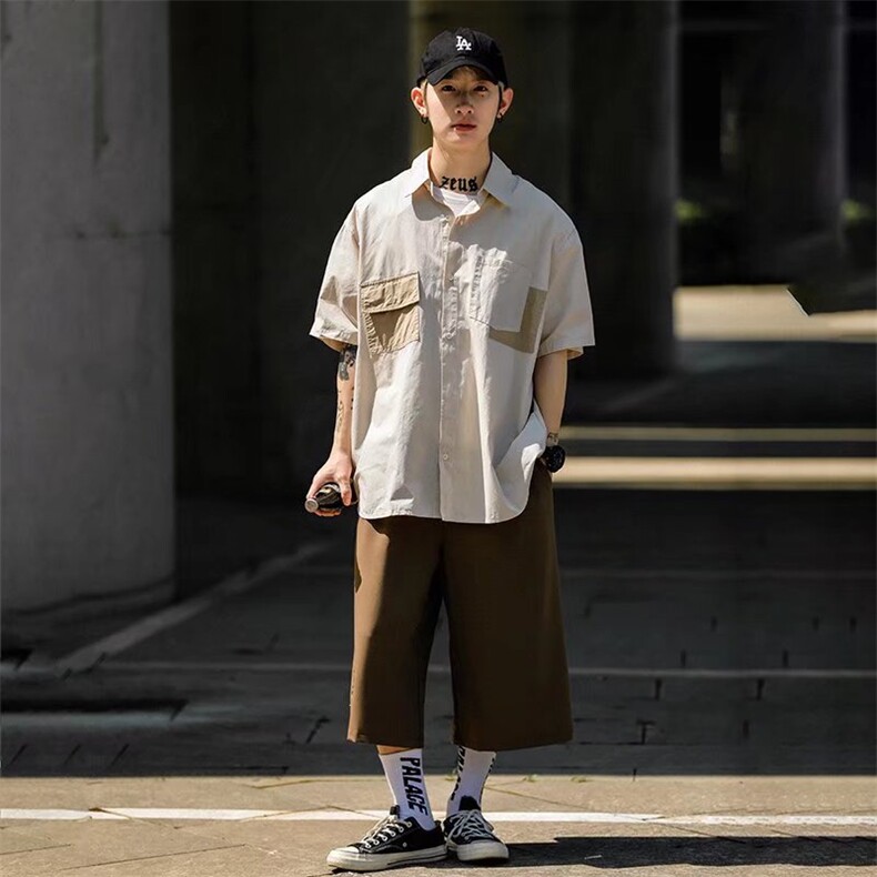 日系夏季cityboy半袖衬衫男高街拼接设计感工装短袖衬衣W3161-P28,男装衬衫,星座512-2