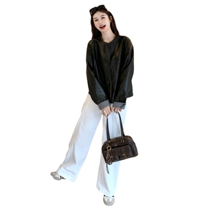美式复古黑色圆领皮衣外套女2025春秋新款高级感bf风机车风夹克潮图片