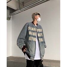 秋季新款港风日系复古字母全刺绣立领牛仔夹克外套男JK1385-P78，男装夹克，星座313A(原308A-2)