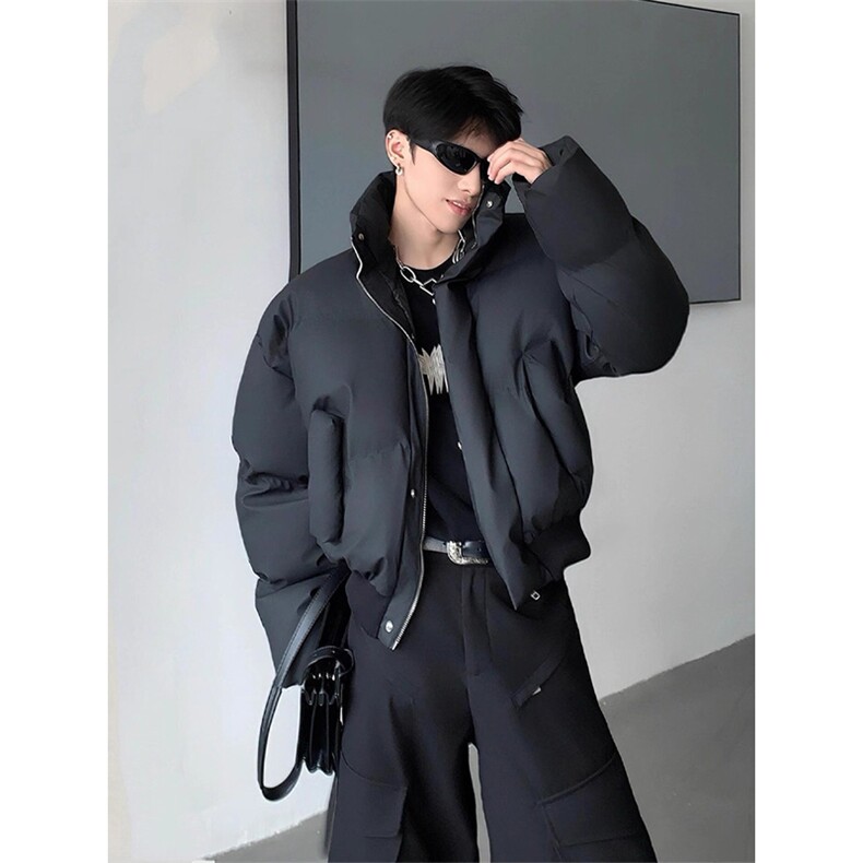 现货5W件冬季三防重磅硬挺boxy短款羽绒立领PU皮棉衣外套加厚棉服,男装棉衣,电商A486