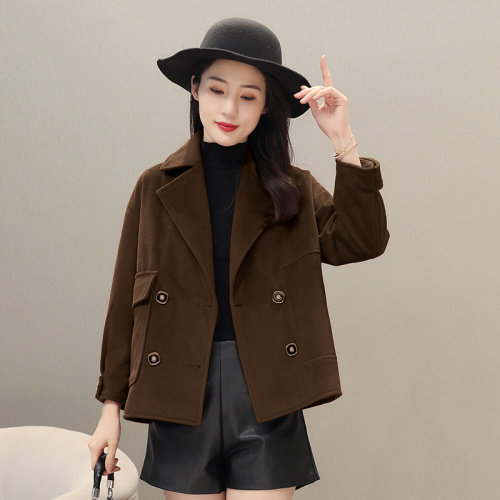 2022年冬季季新款休闲韩版宽松短款翻领毛呢纯色外套大衣，女装毛呢外套，霓裳依族