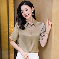 纯色真丝衬衫女短袖开衫红色衬衣夏季中年妈妈半袖桑蚕丝上衣衬衣，女装衬衫，阿舍尔精品