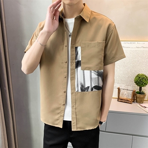 夏季轻熟店主小伙拼色宽松休闲短袖衬衫男衬衣A236-C05-P55-控88图片