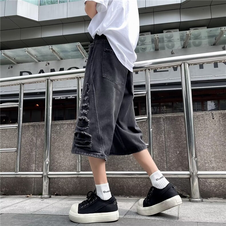 夏季破洞牛仔短裤男士韩版高街百搭2024新款ins七分裤RK1853-P46，男装牛仔裤，星座412-2