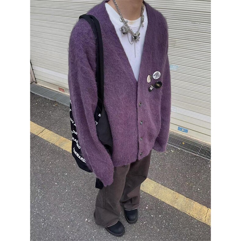 紫色百搭V领针织开衫男女秋冬胸针宽松慵懒风毛衣外套MY9802,男装针织衫/毛衣,星座1116A（原606A-3）