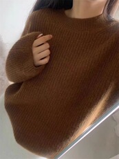 时尚百搭宽松显瘦圆领羊毛衫女秋冬新款慵懒风加厚保暖毛衣，女装羊毛衫，圣旺供货