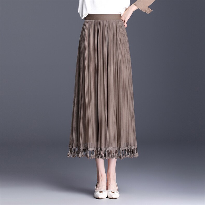 流苏拼接两面穿纱裙2024年春季高腰显瘦优雅百褶裙气质A字半身裙，女装半身裙，君汇