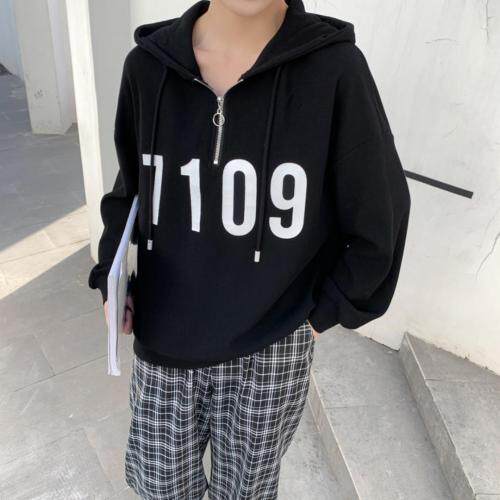 【现货】2021新款春纯色简约数字印花半开拉链连帽卫衣，女装卫衣/绒衫，壹题YITI