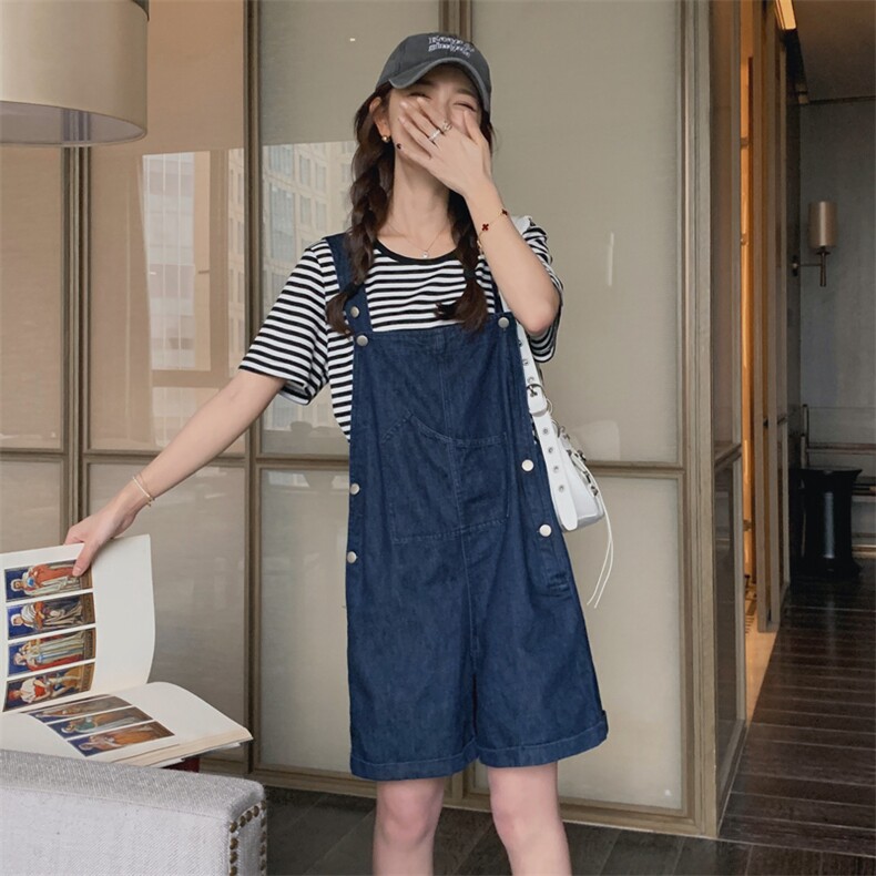 韩版时尚休闲减龄牛仔背带裤套装条纹短袖女2024新款夏季短款裤子,女装套装/套裙,浙宝285（原212）
