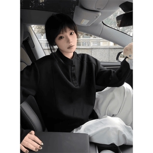 抖音得物品质美式高街重磅曼巴棉拼接cleanfit亨利领卫衣长袖T恤图片