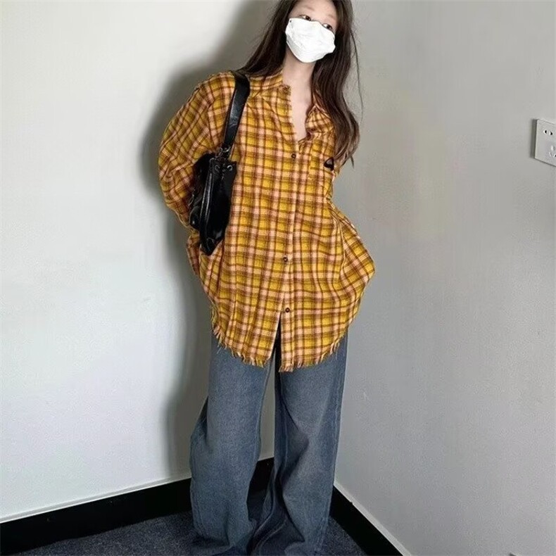 韩版休闲时尚百搭格子衬衫女装春秋新款巨显白宽松衬衣叠穿,男装衬衫,星座506A
