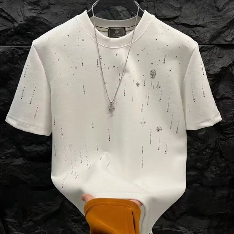 新款痞帅简欧烫钻青少年宽松短袖t恤男夏季时尚百搭休闲品质潮衣,男装T恤,星座506A