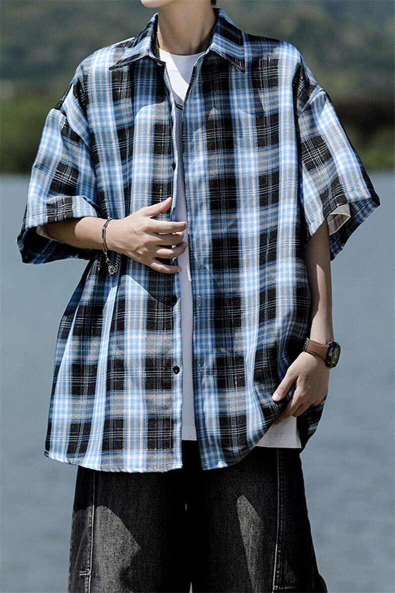 8XL-M格子短袖衬衫男夏季薄款DK制服衬衣JK学院风半袖外套DC28004,男装衬衫,电商B312