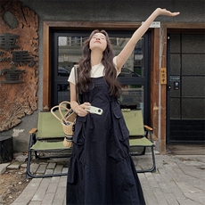 韩版休闲短袖黑色连衣裙套装女夏季2025新款宽松减龄吊带裙两件套，女装连衣裙，浙宝220