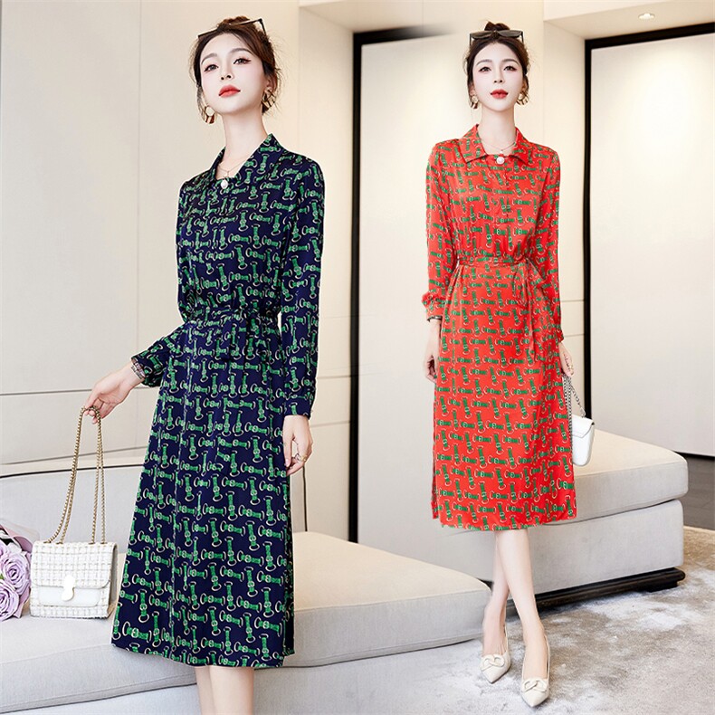 正品春夏秋新款法式印花连衣裙女高档优雅气质减龄衬衫裙，女装连衣裙，罗得堡
