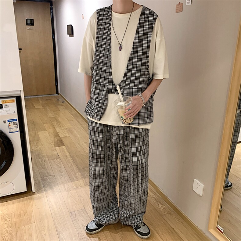 2021韩ins设计感格子马甲短裤套装男坎肩五分裤两件套W987-P55,男装背心/马甲,星座512-2