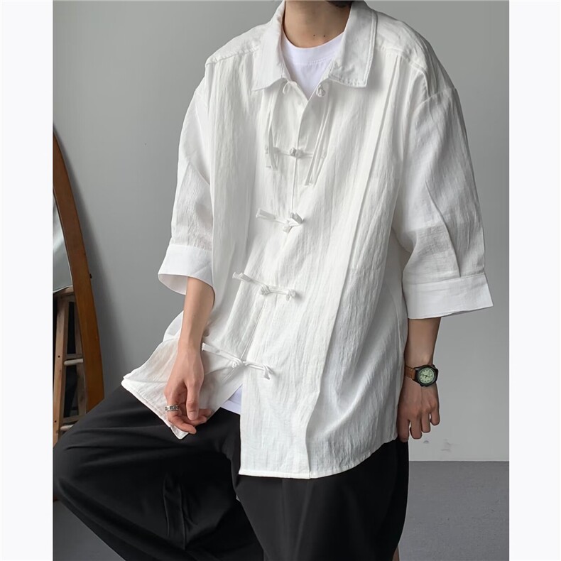 新中式风盘扣长袖衬衫男春秋设计感唐装衬衣汉服道袍CJ28,男装衬衫,星座1116A-1（原606A）