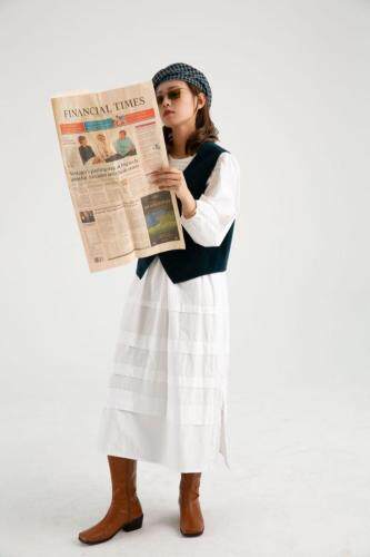 提花连衣裙配平绒马甲，女装连衣裙，roobora