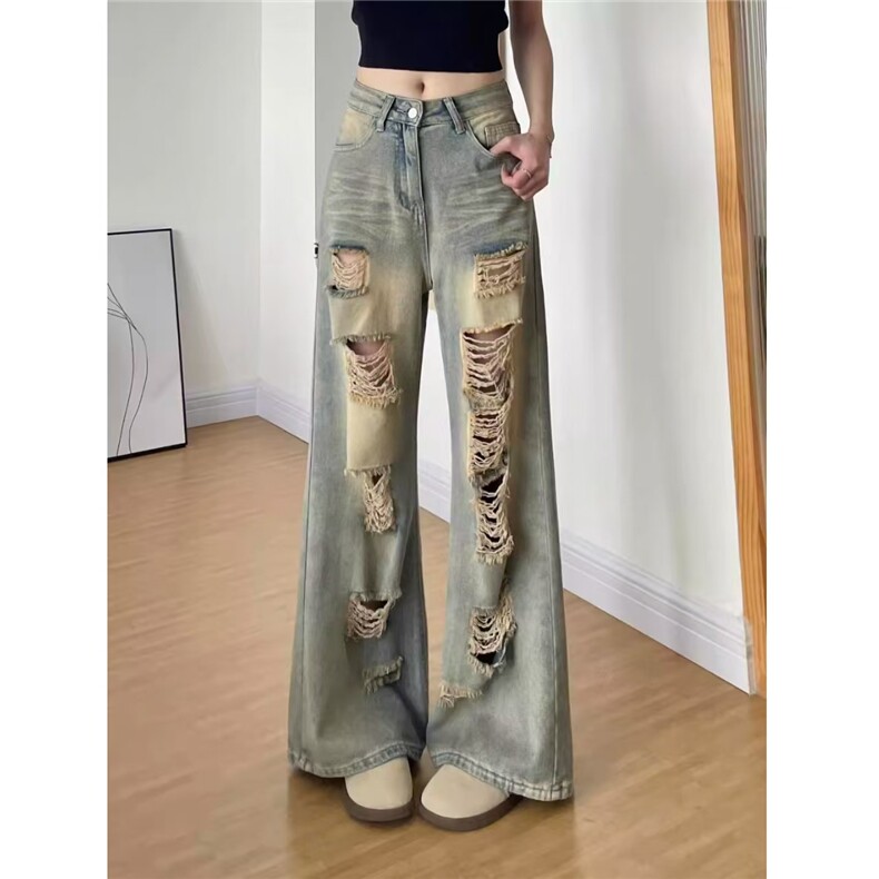美式复古做旧乞丐破洞牛仔裤男女夏季显瘦梧桐直筒阔腿拖地裤子,男装牛仔裤,四季星座505