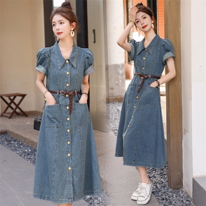 现货2023夏装新品牛仔连衣裙女配腰带修身显瘦韩版气质款翻领收腰，女装连衣裙，钱塘布衣