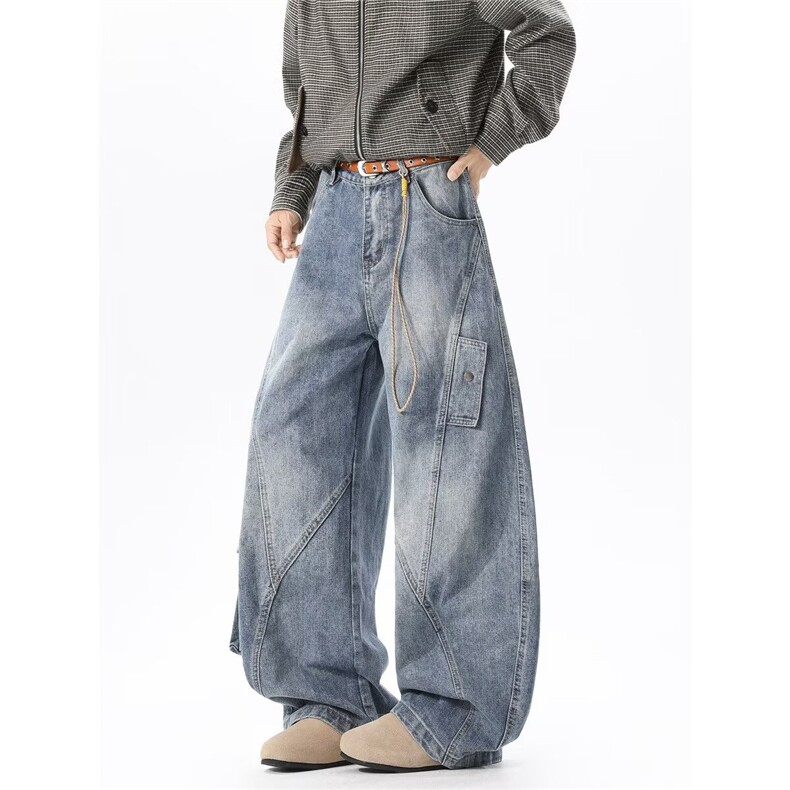 W11127-P55网图现货潮牌美式解构阔腿水洗牛仔裤复古宽松长裤，男装牛仔裤，星座1608