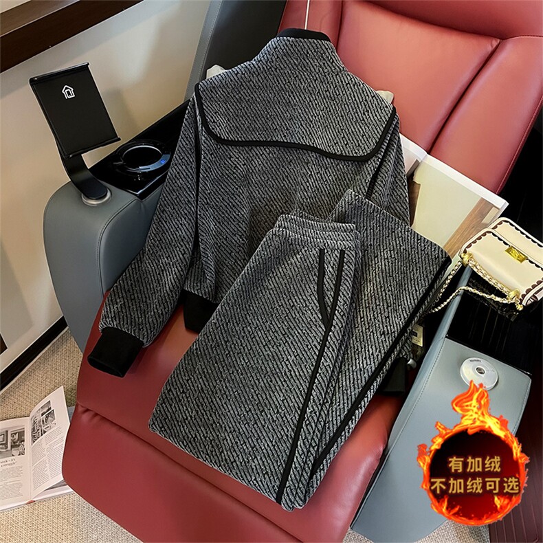 时尚休闲运动套装女冬季加绒拼接短外套直筒裤两件套,女装套装/套裙,江南