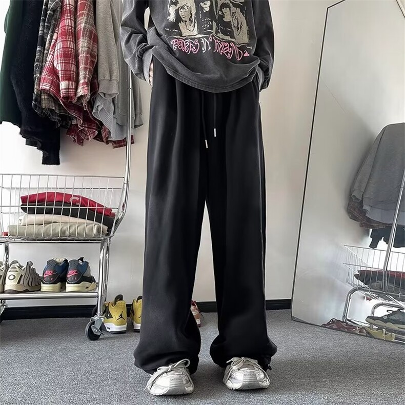 大码新款美式复古阔腿裤男女同款字母涂鸦运动休闲卫裤拖地裤子潮图片