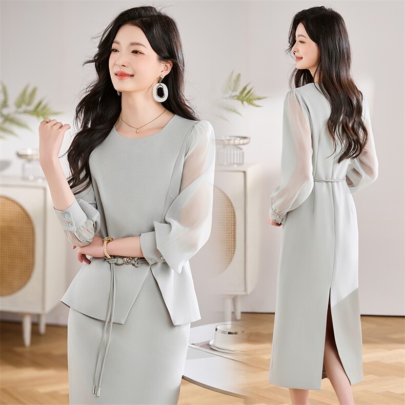 闺舍2025年春季超软S型连衣裙U型领长袖丝缎优雅气质假两件中长裙，女装连衣裙，初闻兮