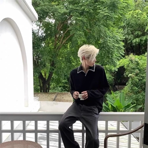 韩 手缝线 线麦穗纹针织亨利领长袖T恤柔软舒适亲肤百搭毛衣图片