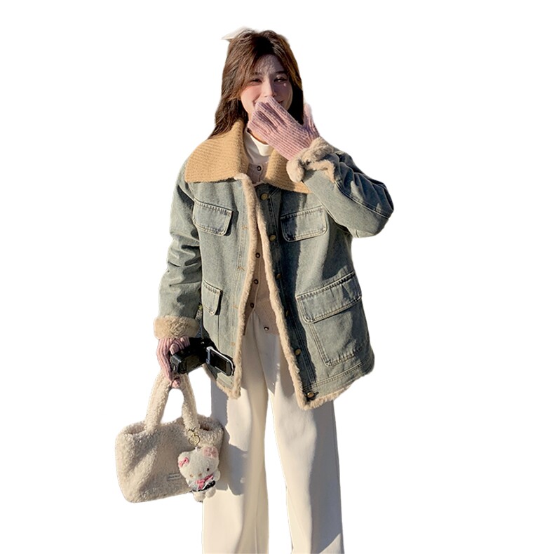 (现货新款）2025冬装时尚休闲翻领加绒牛仔外套女（领子可脱卸）,女装牛仔外套,印象茜