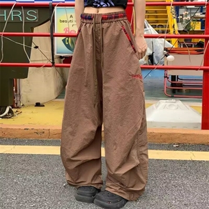 时尚撞色格子腰头刺绣字母抽绳阔腿裤女夏季宽松显瘦直筒休闲长裤图片