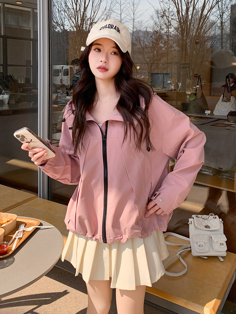 粉色连帽冲锋衣女2025春秋季新款小个子甜美减龄休闲夹克短外套,女装短外套,辉之琳