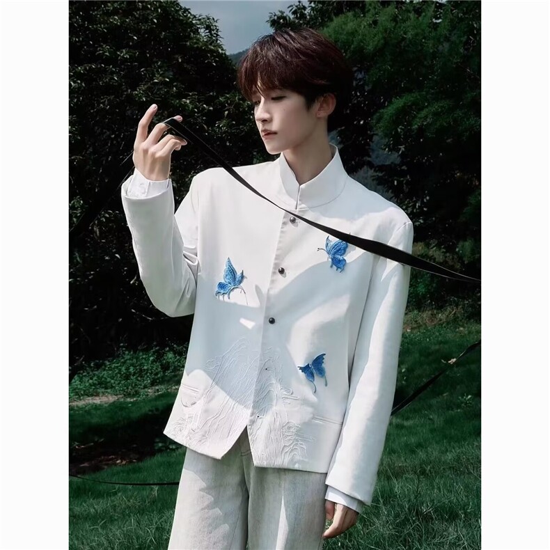 秋男立领西装单排扣中山装西服蝴蝶纹路刺绣垫肩外套JK087P75,男装西服,星座1013-1
