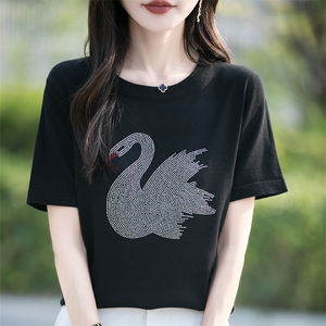 凉感竹节麻圆领镶钻短袖T恤女2025年新款夏季薄款打底衫半袖体恤图片